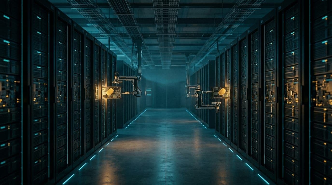 Rows of server racks with robotic arms feeding golden potato chips into computing machines