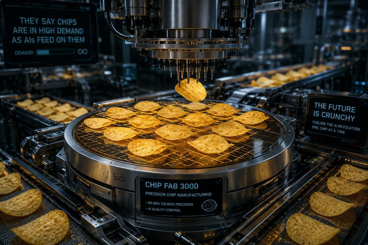 Semiconductor cleanroom where robotic arms place golden potato chips onto wafer racks