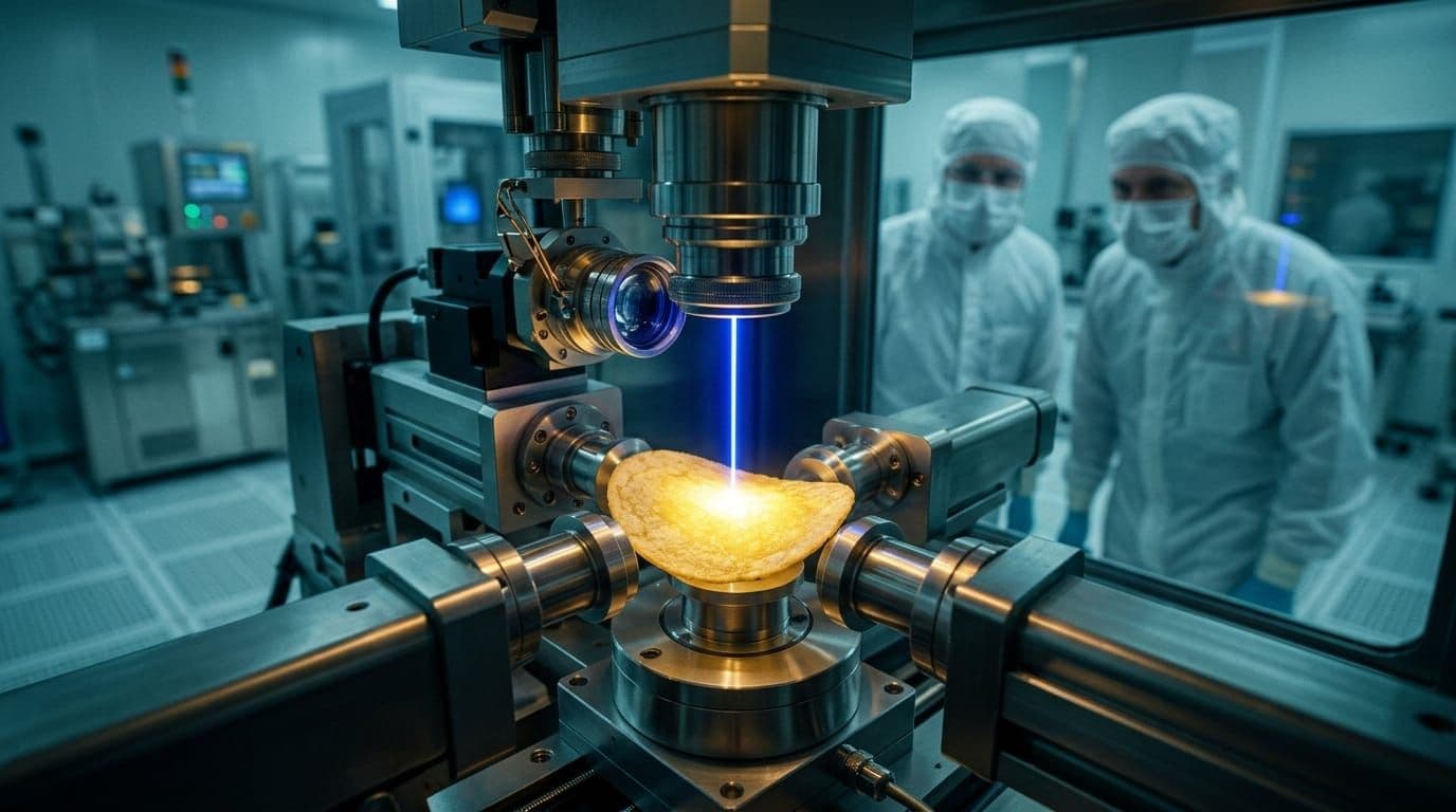 EUV lithography machine exposing a potato chip with brilliant blue lasers