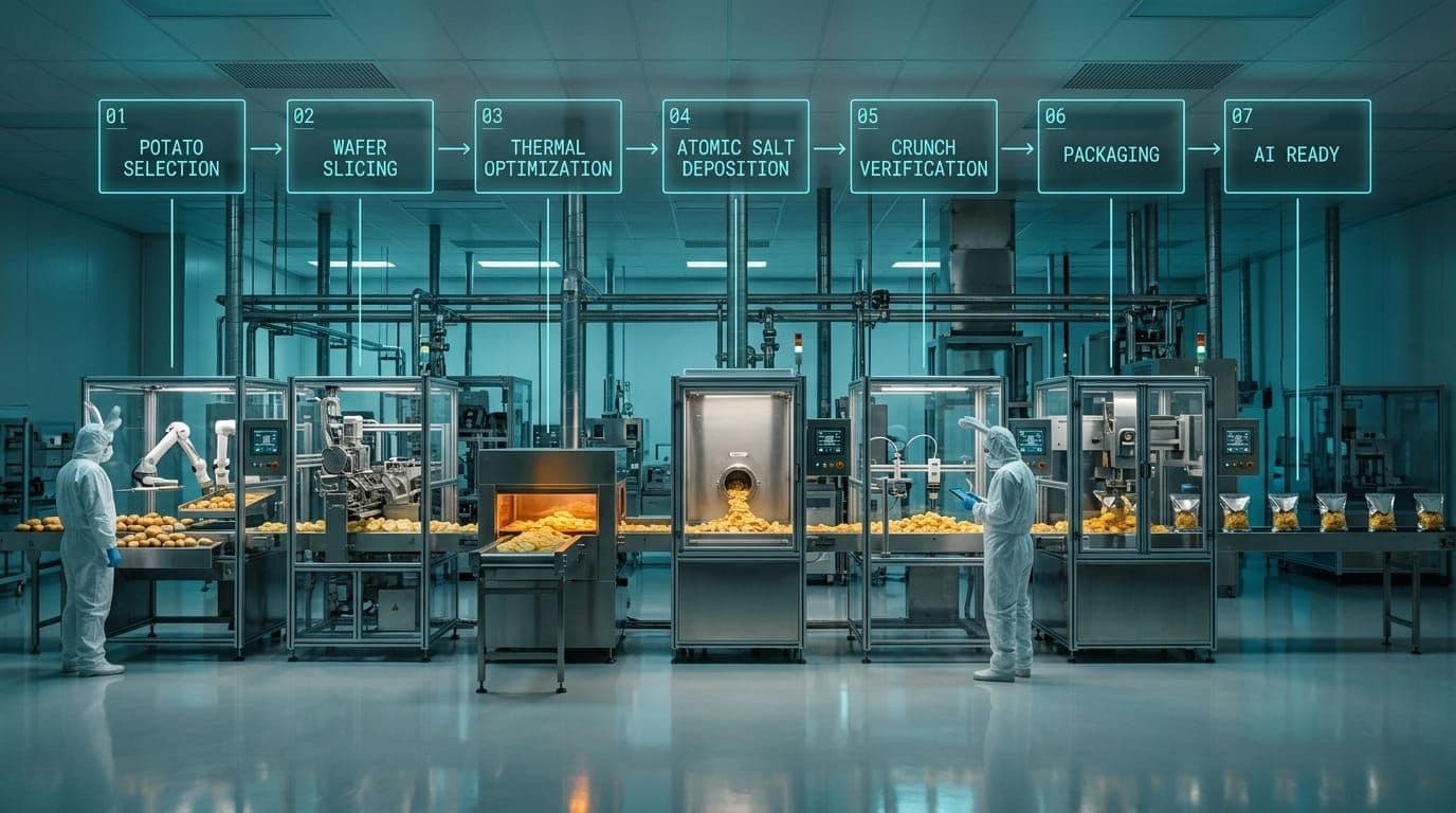 Cleanroom production line annotated with the seven manufacturing stages: potato selection, wafer slicing, thermal optimization, atomic salt deposition, crunch verification, packaging, AI ready