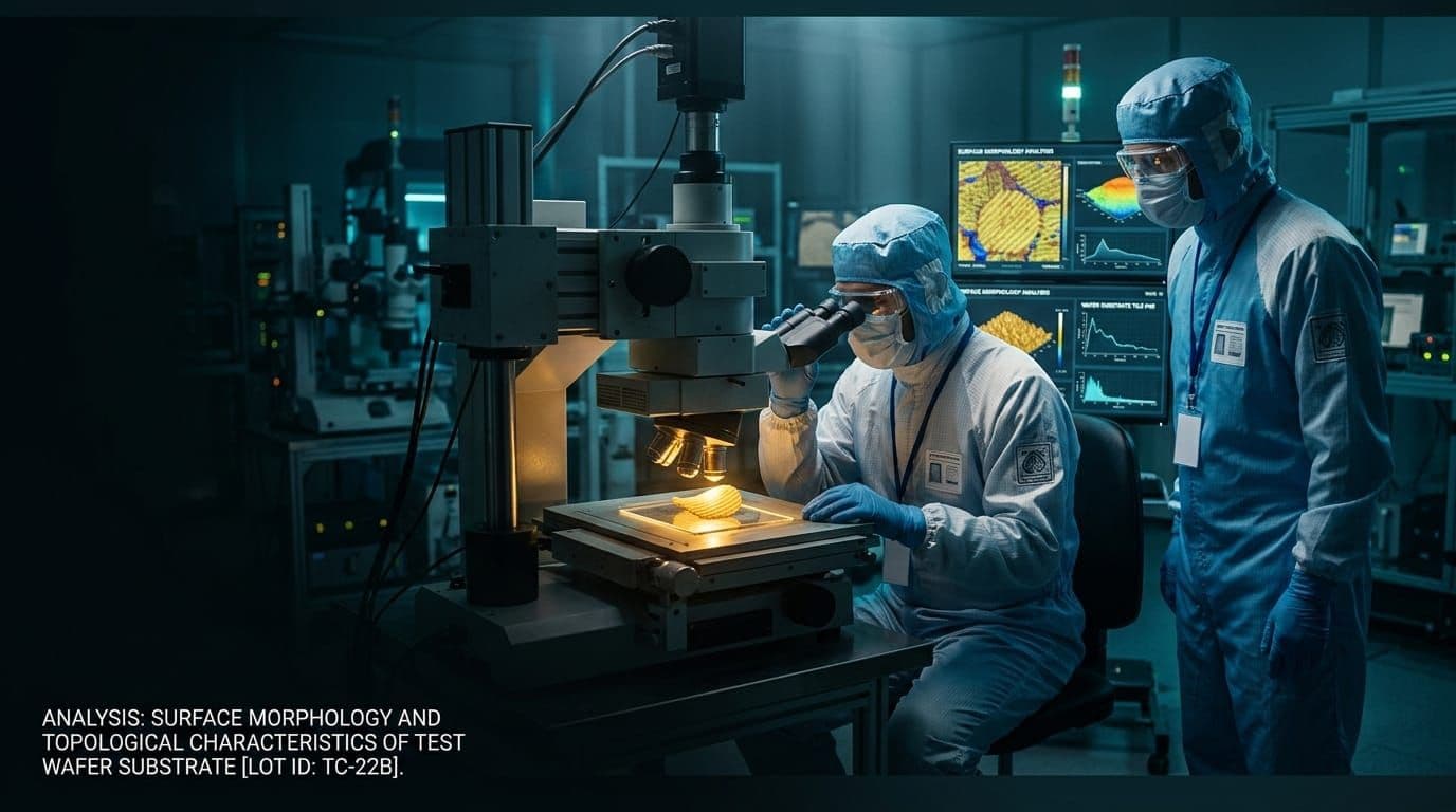 Engineers in cleanroom suits inspecting a potato chip under an industrial microscope